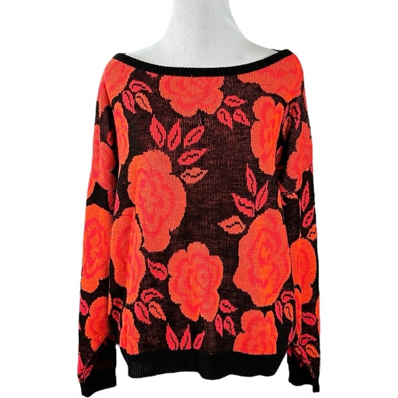 Vintage Sweaters - Vintage 60s 70s Size Large Groovy Psychedelic Bright Neon Orange Floral Sweater